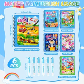 MINISOISO Magic Water Colouring Book, Pack of 6 Magic Doodle Colouring Book with Water Pens, Reusable Magic Colouring Books, Water Colouring Book Children for 2 3 4 5 6 Years Old, A