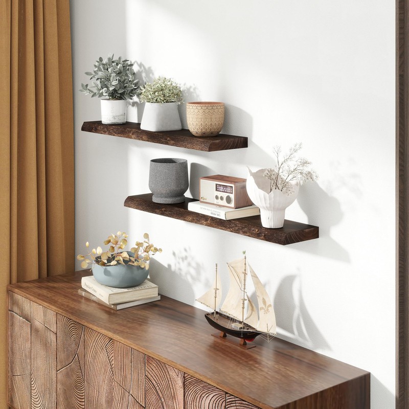 Live Edge Elm Wood Floating Shelves, 36 Inch Long Wall