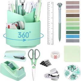 Marspark Green Office Desk Accessories 12 Pcs Office Supplies Set 360° Rotating Pen Holder, Stapler, Tape Dispenser, Scissor, Sticky Notes, Binder Clips, Teal Desk Organizers Gift for Home School