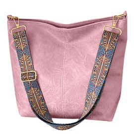 MaijjLyn Hobo Bags for Women Crossbody Bag Guitar Strap Purse Vegan Leather Shoulder Handbags Boho Purses Tote Bucket Bag Pink