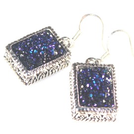 SILVER Vintage Style Royal Blue RainbowTitanium Druzy Rectangular Earrings