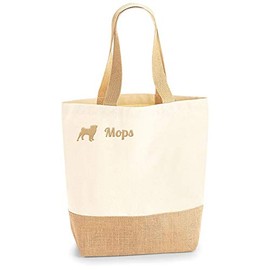 Pug Jute Jute Shopper Shopping Bag Dog Motif Embroidery Bag Dog Pug Cotton Bag Fabric Bag Embroidered Long Handle 24 x 41 x 13 cm Gift Idea Dog Bag, natural, Minimal