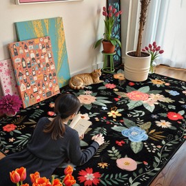 Lahome Black Floral 5x7 Kids Rugs for Playroom, Cottage Core Rug for Bedroom Dorm Aesthetic,Low Pile Printed Floor Whimsical Carpet for Classroom Living Dining Room