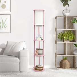 Simple Designs LF2010-LPK 62.5" Round Modern Shelf Etagere Organizer Storage Floor Lamp with 2 USB Charging Ports, 1 Charging Outlet and Linen Shade for Living Room Bedroom Office, Light Pink