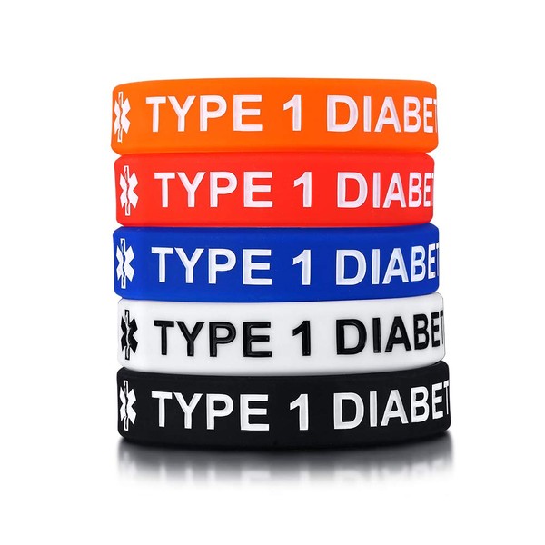 MEALGUET Pack of 5 Comfort Silicone Medical Alert ID Type 1 Diabetic Wristband Awareness Diabetic Bracelet for Boys Girls,6.7"