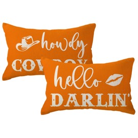Funny Couple Lumbar Pillow Covers 12x20 Howdy Cowboy Hello Darlin’ Western Throw Pillowcases Rustic Farmhouse Decor Cushion Covers 2Pack for Cowboy Cowgirl Valentine Decorations (Orange)