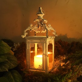 DECORKEY Large Candle Lantern, Decorative Hanging Lantern, Vintage Metal Tabletop Lantern for Outdoor Patio Rustic Home Decor, Candle Holders with Clear Glass (White)