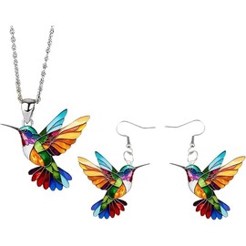 Vurotry Hummingbird Necklaces for Women Hummingbird Necklace and Earrings Set Exquisite and Fashionable Colorful Hummingbird Necklace Jewelry (Colorful)