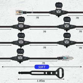 50FT 16 Gauge Outdoor Extension Cord,7 Spaced Outlet Cable.Multi Outdoor Evenly-Spaced Plugs,Power Cord Splitter,Ideal for Holiday Decoration and Christmas Light,ETL Listed