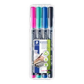 STAEDTLER Lumocolor Permanent Universal Pen, Smudge-proof and Waterproof, Dries in Seconds, F-Tip - Line Width 0.6 mm, 4 Markers in Brilliant Colours, 318 WP4-1
