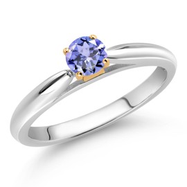 Gem Stone King 925 Silver and 10K Yellow Gold Ring Blue Tanzanite Solitaire Engagement Ring For Women (0.30 Cttw, Gemstone December Birthstone, Round 4MM) (Size 9)