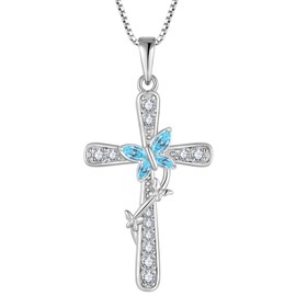 EJARY Cross Necklace for Women Butterfly 925 Sterling Silver March Birthstone Aquamarine Pendant Necklaces Religious Faith Cross Jewelry