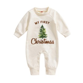 Baby Boy Chirstmas Outfit Newborn Boy Romper Christmas Tree Long Sleeve Jumpsuit My First Chirstmas Baby Boy Outfit(B-Ivory,0-3 Months)