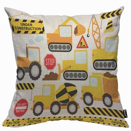 Mugod Cartoon Construction Label Cushion Cover Throw Pillow Covers Crew Vehicles Truck Chevron Sign Equipment Pillow Case for Men Women Decorative Home Sofa Chair Couch 45x45cm/18x18 Inch