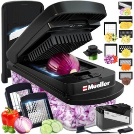 Mueller Pro-Series 10-in-1, 8 Blade Vegetable Chopper, Onion Mincer, Cutter, Dicer, Egg Slicer with Container, French Fry Cutter Potato Slicer, Home Essentials, Salad Chopper White Sand/Green