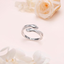 Hug Ring, S925 Sterling Silver Hugging Hands CZ Open Ring Engraved You are my sunshine Embrace Statement Promise Anniversary Ring