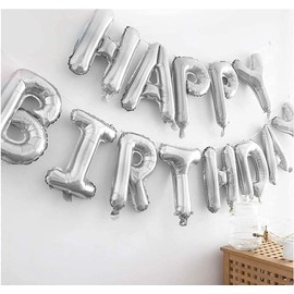 Happy Birthday Banner Balloons, 16 Inch Mylar Foil Letters Balloons Banner Reusable Ecofriendly Material for Birthday Decorations and Party Supplies (Silver)