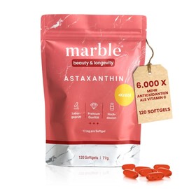 marble® Astaxanthin 12 mg + Krillöl – 120 Softgel Kapseln – Astaxanthin hochdosiert ohne Zusatzstoffe - Natürliche Antioxidantien aus der Haematococcus Pluvialis Alge - Longevity Supplements
