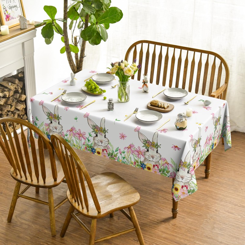 Horaldaily Easter Tablecloth 52×70 Inch, Spring Flower Bunny Washable Table