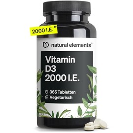 natural elements Vitamin D3 2000 IU - 365 Tablets - for Bones and Immune System - High Dose, No Unnecessary Additives - Produced in Germany & Laboratory Tested