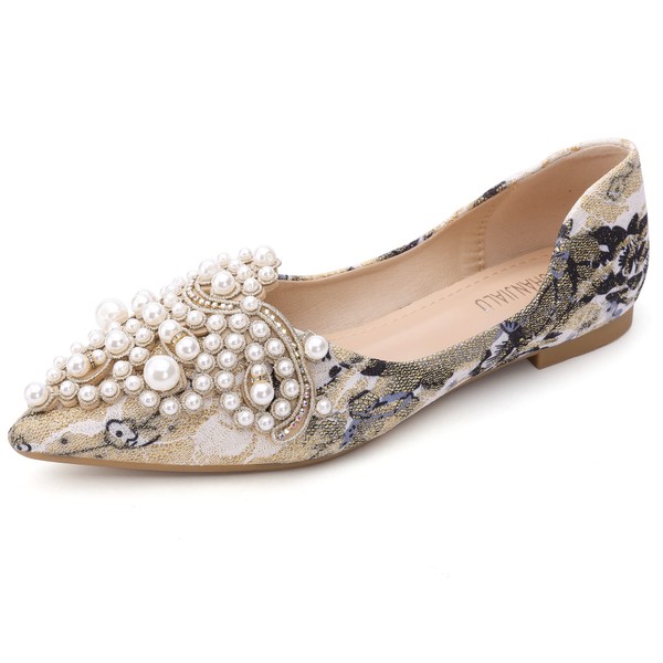 Pearl Decoration Women's Flat Bottom Pointed Toe One Step Flat