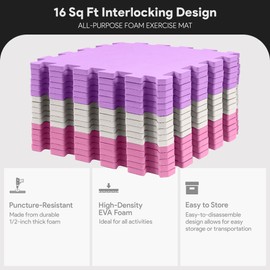 BalanceFrom 16-Pack 12x12 Inches EVA Interlocking Foam Play Tile Mat, Pink/Purple/Beige – 0.4-Inch Thick Non-Slip Puzzle Flooring for 16 Square Feet in Playroom, Nursery, or Playpen at Home
