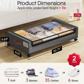 Yecaye Under Bed Storage with Wheels, 2Pack Under Bed Storage Containers, Underbed Shoe Storage Organizer, Rolling Under Bed Metal Drawers for Clothes, Blankets(30.71 x 16.93 x 6.69 in)