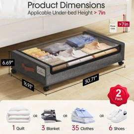 Yecaye Under Bed Storage with Wheels, 2Pack Under Bed Storage Containers, Underbed Shoe Storage Organizer, Rolling Under Bed Metal Drawers for Clothes, Blankets(30.71 x 16.93 x 6.69 in)