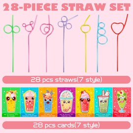Bnsikun 28Pcs Valentines Day Straws with Cards for School Class Prizes Valentine Party Favors Supplies Classroom Exchange Cards Boy Girl Ideal Valentine Gift