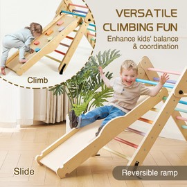 JoyLike Foldable Pikler Triangle Set with Cushion, 8-in-1 Montessori Kids Jungle Gym Indoor Climbing Toys, Large Wooden Climbing Toys for Toddlers 1-3 Inside, Indoor Playground for Baby and Kids