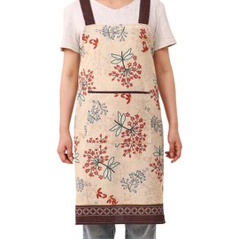 patdrea Red Floral Linen Apron with Pocket, Stylish Kitchen and Garden Aprons for Women and Men, Crisscross Back Straps, Unisex Aprons for Chef,BBQ,Drawing L: 35" W: 35"