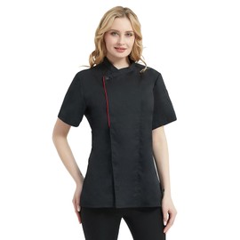 TopTie Women's Chef Coat With Contrast Piping Short Sleeve Chef Jacket