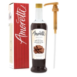 Amoretti - Premium Milk Chocolate Syrup, 94 Servings Per Bottle (750 ml), with Pump for Flavoring Coffees, Cocktails, and other Beverages, Gluten Free, GMO/GEO Free, Preservative Free
