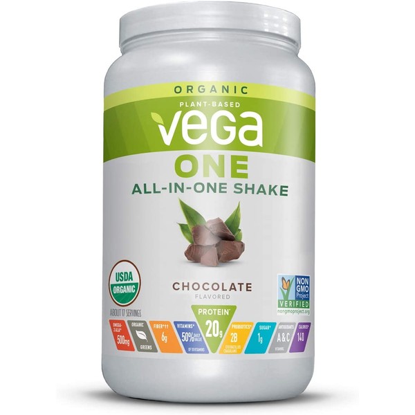Vega One Organic Meal Replacement Plant Based Protein Powder, Chocolate - Vegan, Vegetarian, Gluten Free, Dairy Free with Vitamins, Minerals, Antioxidants and Probiotics (17 Servings, 1lb 9oz)
