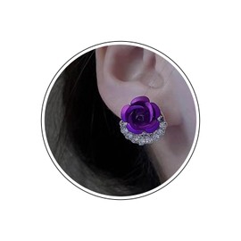 Wendalern Cubic Zirconia Rose Flower Stud Earrings Small Purple Rose Earrings Matte Texture Flower Earrings Cute Rose Blossom Hypoallergenic Stud Ear Jewelry for Women Girls