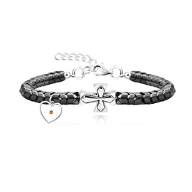 Side Cross Christian Women's Bracelet,Black Hematite Gear-shaped Bracelet,Heart Mustard Seed Charm Devotional Bracelet for women christian Y2114-4D