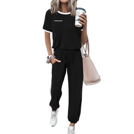 Amkoyam Women's Two Piece Outfits 2025 Summer Short Sleeve Tops With Drawstring Long Pants Tracksuit Jogger Lounge Set(Black,Medium)