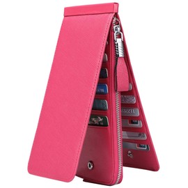 JEEBURYEE Women's Genuine Leather Multi Credit Card Holder Wallet RFID Blocking Long Bifold Clutch Wallet Ladies Purse with Zipper Pocket Rose Red