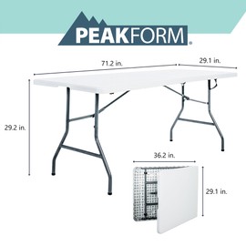 Peakform Multipurpose Banquet Fold-in-Half Table Lightweight Durable Desk with Secure Base for Indoor and Outdoor Events, 6 Foot, White