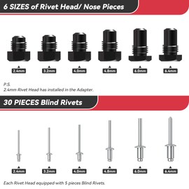 Beaspire Cordless Rivet Gun Adapter - Electric Rivet Drill Adapter Kit 2.4mm-6.4mm, Rivet Gun Kit with 6 Interchangeable Rivet Heads and 30 Blind Rivets, Easy processing for Pop Rivets