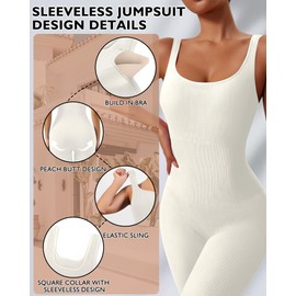 AURUZA Jumpsuit for Women Workout Seamless Jumpsuits Yoga Ribbed One Piece Tank Tops Rompers Sleeveless Exercise Jumpsuits Build in Bra, Beige, X-Large