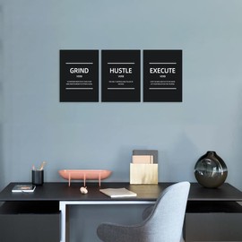 DaMYiHos Grind Hustle Execute Canvas Wall Art Inspirational Wall Decor Positive Quote Wall Decor 3 Pieces Modern Black Wall Art for Office Living Room Bedroom Wall Decor Framed Ready to Hang