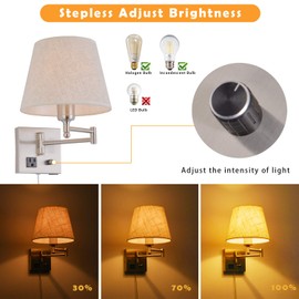 Bedside Wall Mount Light with Dimmable Switch and Outlet, Swing Arm Fabric Shade Wall Sconce Light with USB Port and Plug in Cord, Satin Nickel Wall Lamp for Bedroom, Living Room and Hotel