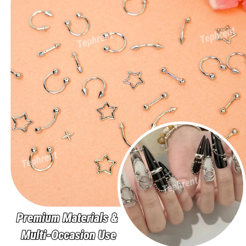 12Grids Nail Piercing Charms Silver Charms for Nails Metal Punk