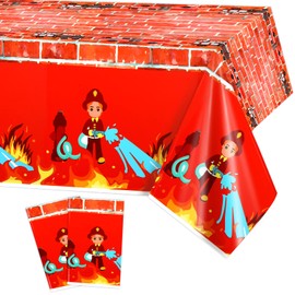 PHOGARY 2 Pack Firefighter Table Cloth for Firetruck Party Decoration, Fire Truck Tablecloths Disposable Plastic Rectangle Table Cover for Kids Baby Shower Fire Truck Birthday Party Supplies 51" X 86"