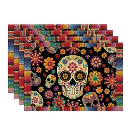Artoid Mode Flowers Sugar Skull Mexican Day of The Dead Placemats Set of 4, 12x18 Inch Dia De Los Muertos Seasonal Table Mats for Party Kitchen Dining Decoration