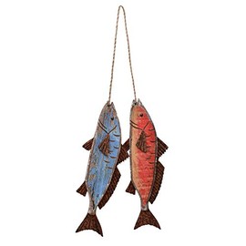 K KILIPES Wood Fish Decor Ornament Wall Hanging Wood Fish Decorations for Home Nautical Wood Fish Wall Decor Distressed Hand Painted Fish Decor2pcs (Blue red)