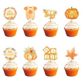 Weecent 48 Pcs Pumpkin Cupcake Toppers, Oh Baby Cupcake Toppers Little Pumpkin Baby Shower Decorations for Thanksgiving Fall Theme Baby Shower Birthday Party Gender Reveal Supplies