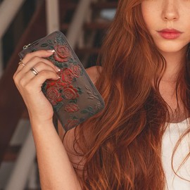 Women's Leather Large Clutch Purse with RFID Protection Large Purse Long Wallet with 17 Card Slots, coffee