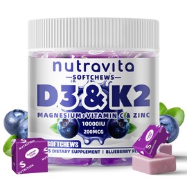 Nutravita Sugar-Free Vitamin D3 K2 Chews with Calcium + K2 (MK-7), Magnesium Citrate, Vitamin C, Extra Strength - Ultimate Absorption for Bone Muscle Teeth Immune, Vegan - 60 Count-Blueberry Flavor